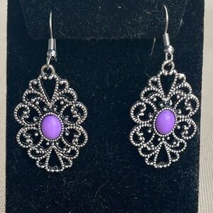 Elegant Silver Filigree Purple Cabochon stone wired Earrings